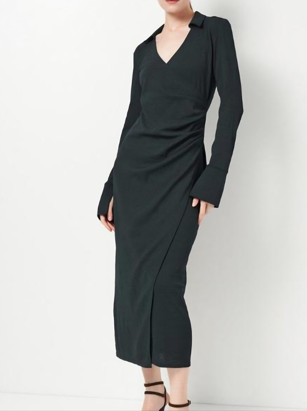 H&M Black V-Neck Long Sleeve Midi Dress - Dark/Olive Green